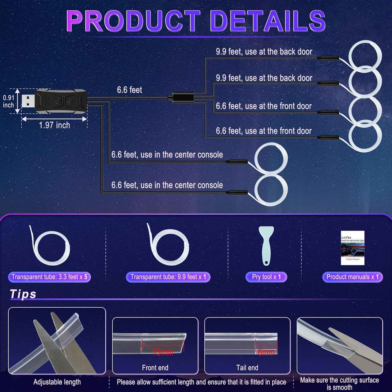 LivTee Smart Car Interior LED Lights – Unique Birthday Gift for Her, App Controlled Ambient Lighting for Car