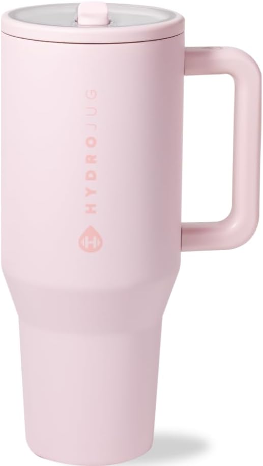 HydroJug_Traveler_-_32_oz_Water_Bottle_with_Handle_&_Flip_Straw_-_Fits_in_Cup_Holder,_Leak_Resistant_Tumbler-Reusable_Insulated_Stainless_Steel_&_Rubber_Base_-_Gifts_for_Women_&_Men,_Pink_Sand