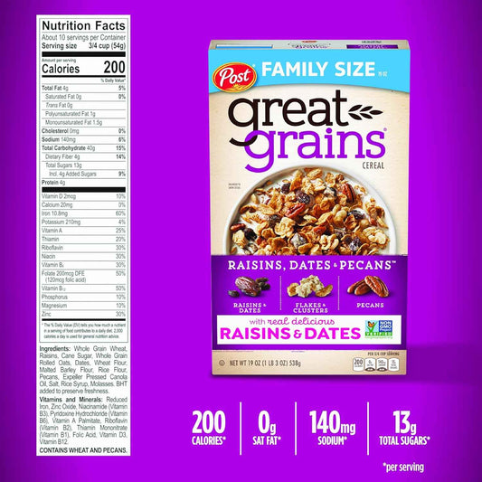 Great Grains Raisins Dates Pecans Breakfast Cereal – Portable Dry Snack Cereal for Camping and Travel