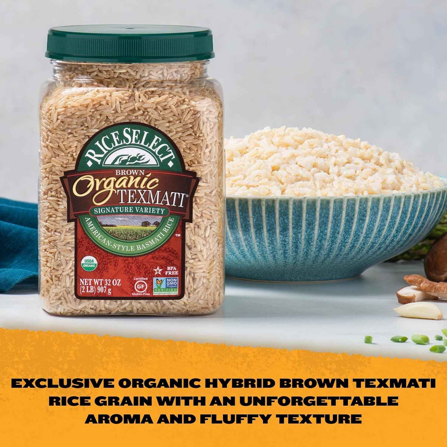 RiceSelect Organic Texmati Brown Basmati Rice – Thoughtful Housewarming Gift for Sustainable Home Cooks, Reusable 32 oz Jar