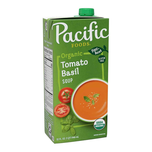 Pacific Foods Organic Tomato Basil Soup, 32 oz Carton – Quick Heat-and-Eat Lunch for Busy Workdays, Office Pantry Ready