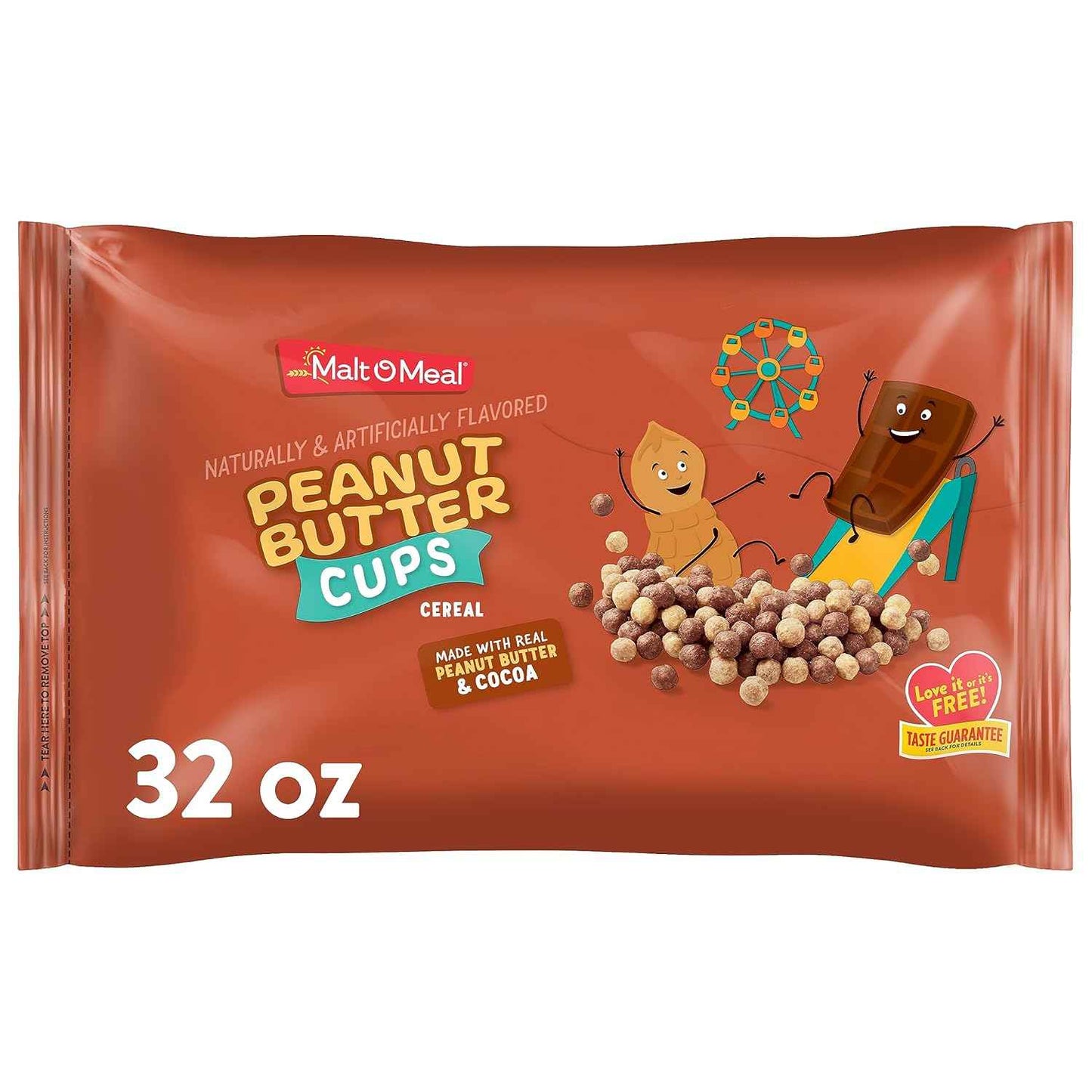 Malt-O-Meal Peanut Butter Cups Cereal – Quick Breakfast Cereal for Busy Weekday Mornings, Family-Size 32 oz Resealable Bag