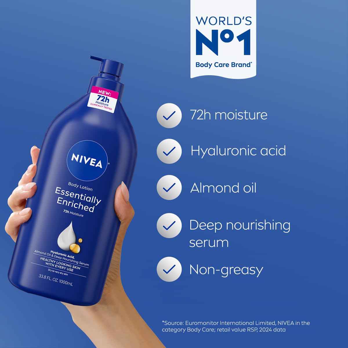 NIVEA Essentially Enriched Body Lotion for Very Dry Skin, Clean 33.8 Fl Oz Pump Bottle for a Clutter-Free Bathroom Counter, 72-Hour Hydration