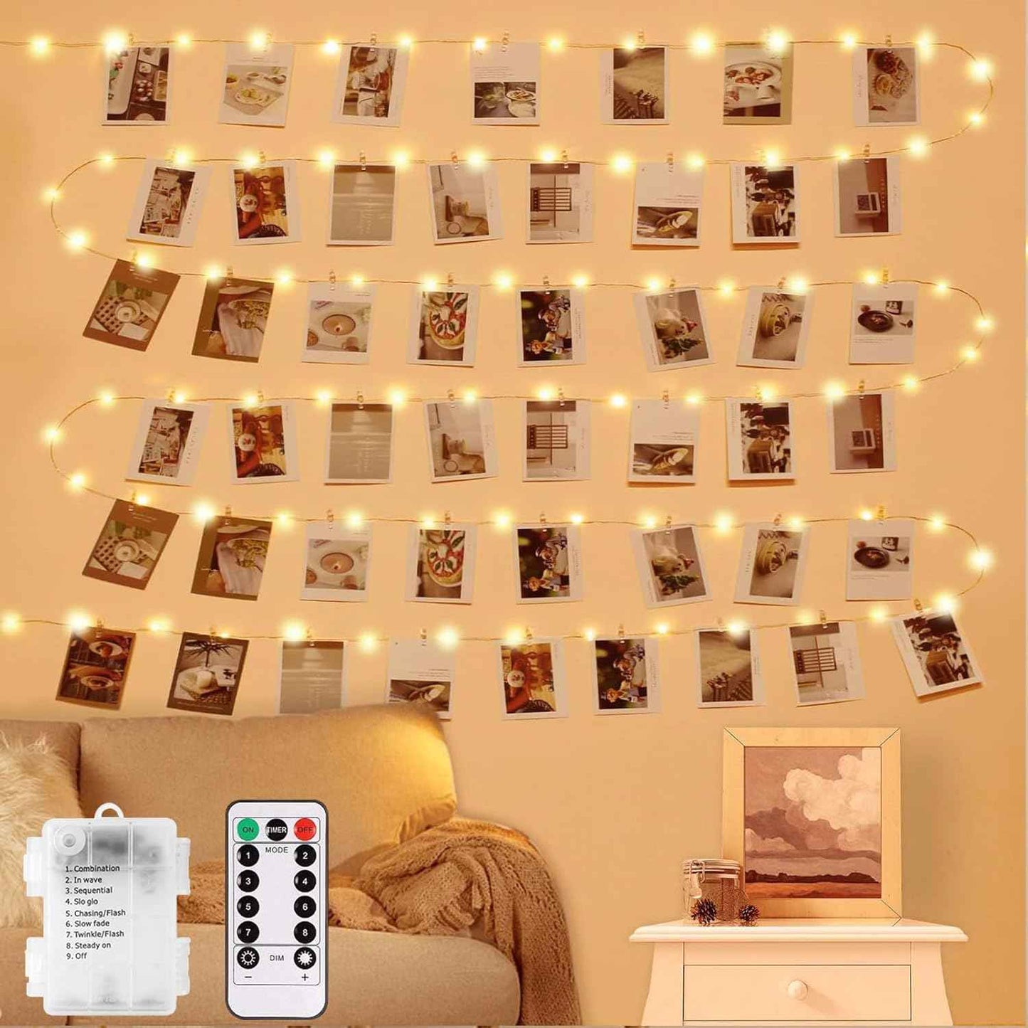 LECLSTAR Photo Clip String Lights – Cozy Bedroom Decor with 100 Warm White LEDs and 50 Clear Clips for Polaroid Displays