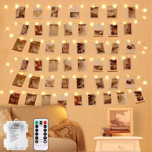 LECLSTAR Photo Clip String Lights – Cozy Bedroom Decor with 100 Warm White LEDs and 50 Clear Clips for Polaroid Displays