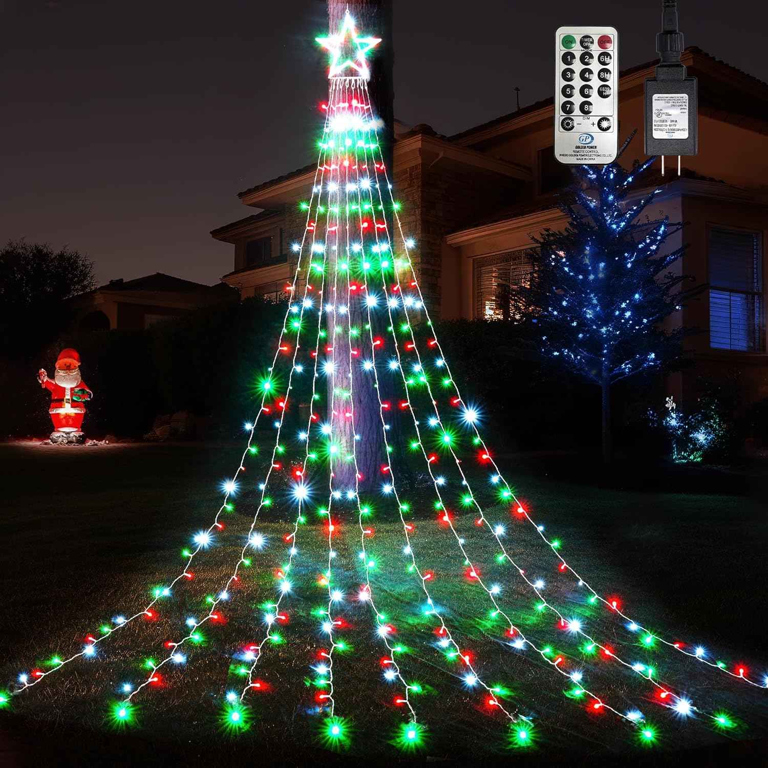 WBao Safe Outdoor Christmas Lights with UL588 Certification, Flameless 344 LED Waterfall Star Topper with Timer Auto Shutoff for Family Yard Decorating