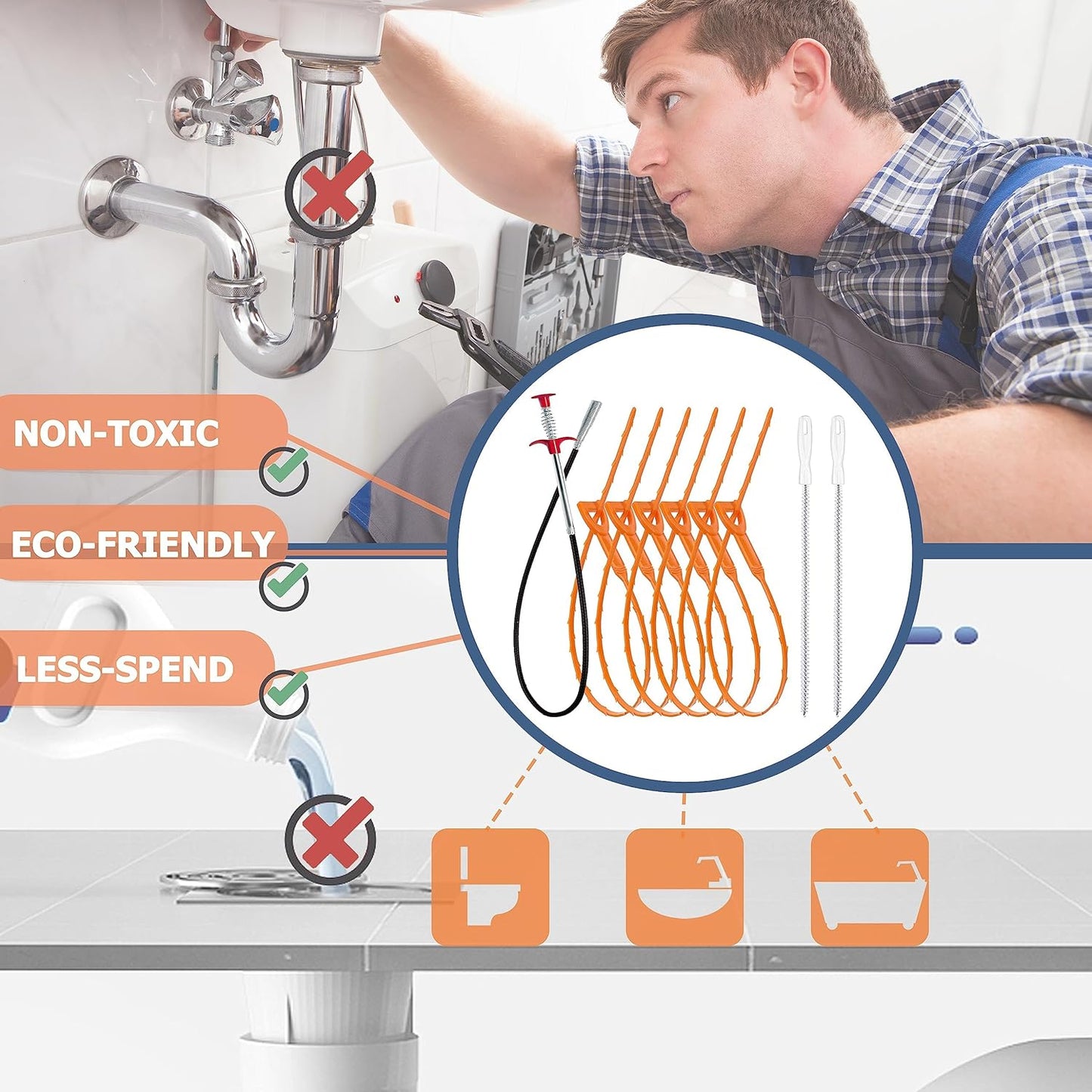 35.5-Inch Drain Clog Remover Set – Quick DIY Bathroom and Kitchen Sink Fix for Busy Homeowners