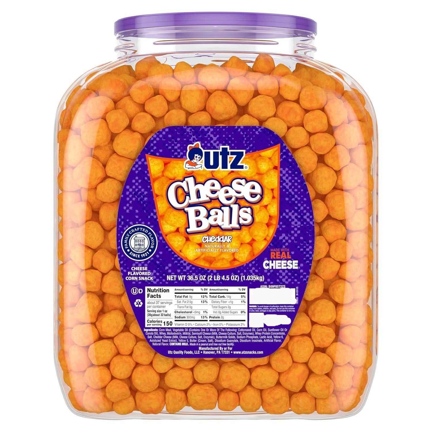 Utz Cheese Balls 36.5 oz Barrel – Guilt-Free Mindful Snacking for Home Cravings, Baked Not Fried Cheddar