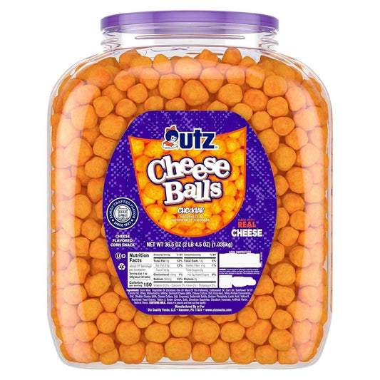 Utz Cheese Balls 36.5 oz Barrel – Guilt-Free Mindful Snacking for Home Cravings, Baked Not Fried Cheddar