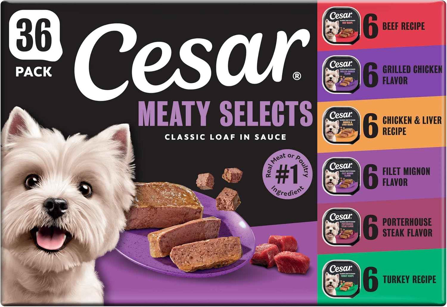 Cesar Classic Loaf in Sauce – No-Mess Peel Tray Wet Food for Road Trips, Hotels and Camping with Small Dogs, 6 Flavor Variety