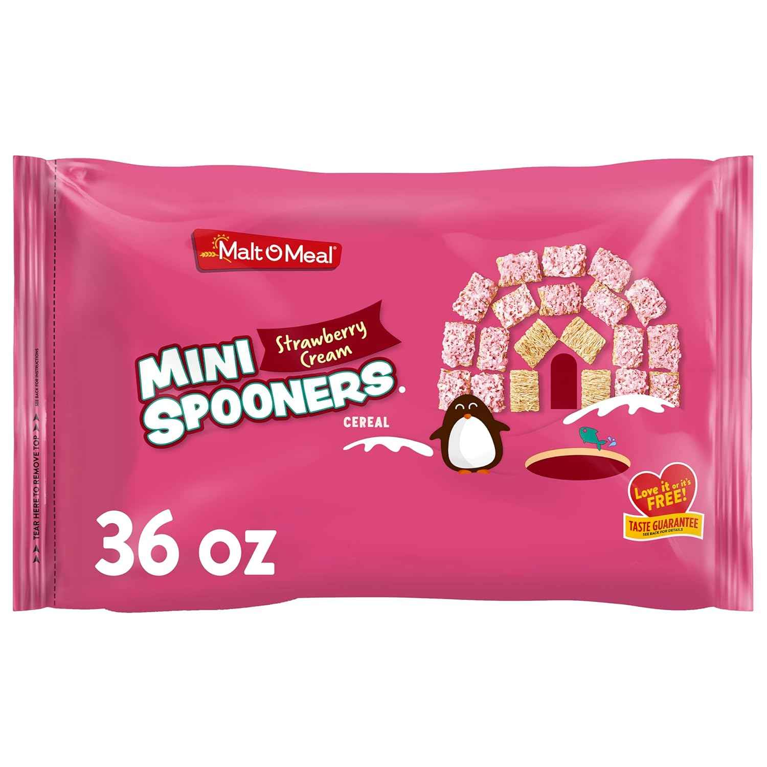 Malt-O-Meal Strawberry Cream Mini Spooners Shredded Wheat Cereal, Better-For-You Whole Grain Breakfast Cereal for Mindful Mornings, 36 OZ Resealable Bag