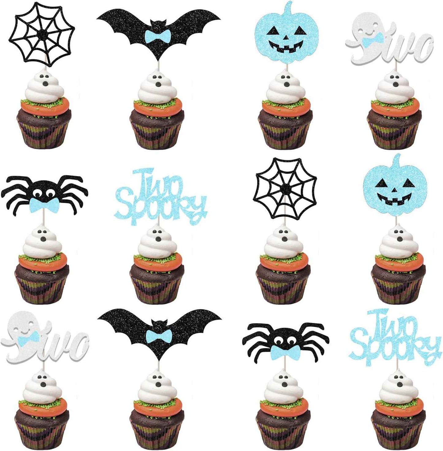 Halloween Birthday Party Favor Gift for 2 Year Old Boy, 36Pcs Two Spooky Blue Black Cupcake Toppers Ready to Gift for Grandma Aunt Family Celebration