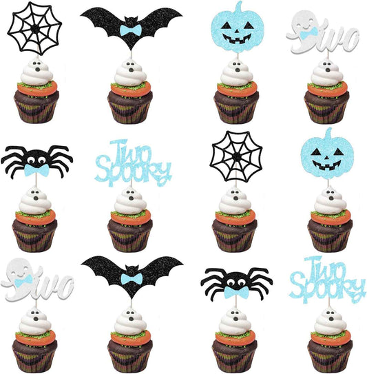 Halloween Birthday Party Favor Gift for 2 Year Old Boy, 36Pcs Two Spooky Blue Black Cupcake Toppers Ready to Gift for Grandma Aunt Family Celebration