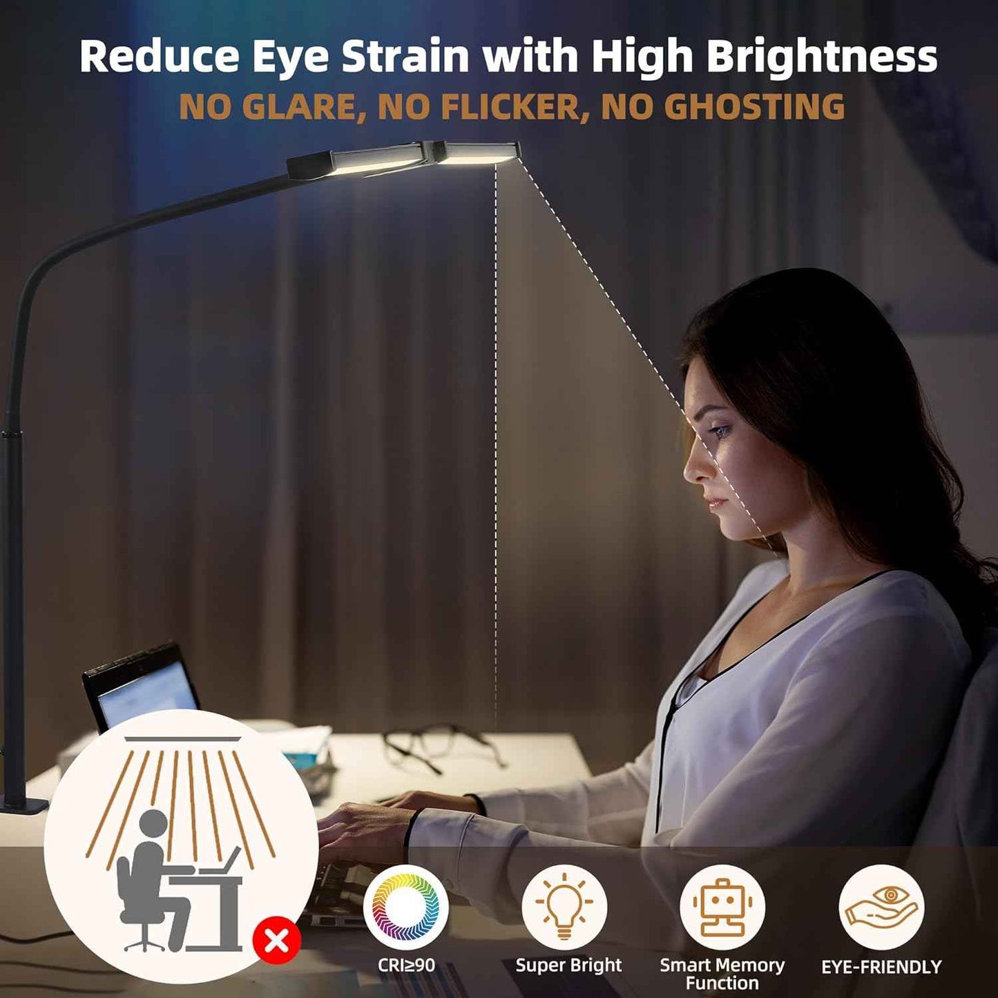 Motumen Dual-Head LED Desk Lamp for Home Office – Flicker-Free Task Light with Clamp, 25 Modes & 1-Hour Timer for Deep Work