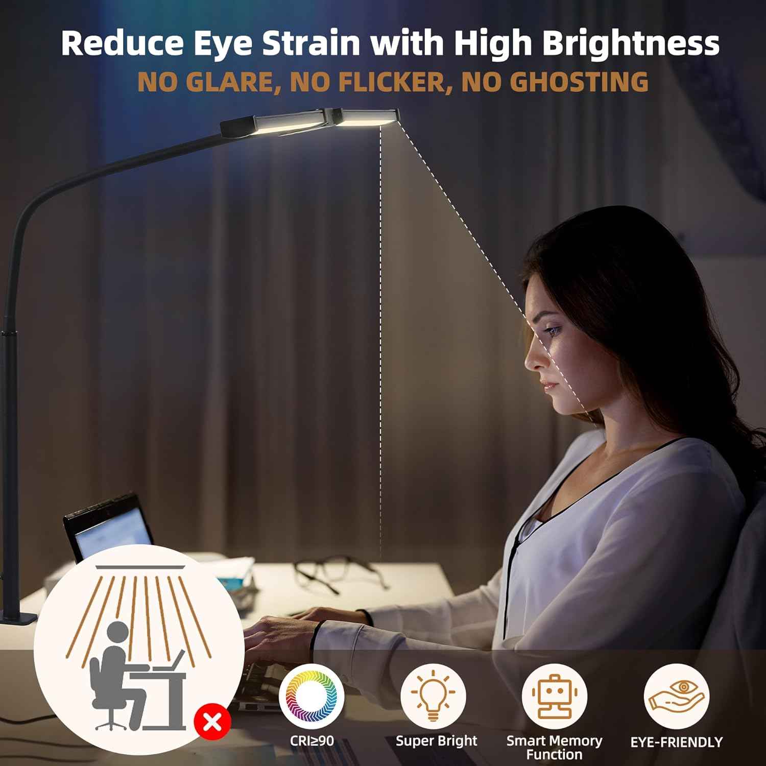 Motumen Dual-Head LED Desk Lamp for Home Office – Flicker-Free Task Light with Clamp, 25 Modes & 1-Hour Timer for Deep Work