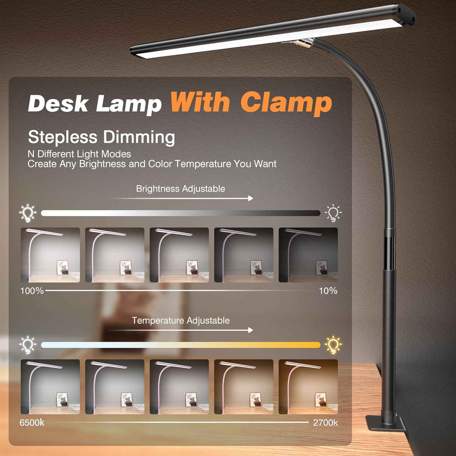 Minimalist Desk Lamp – Slim LED Monitor Light in Neutral Gray, Stepless Dimming Home Office Fixture