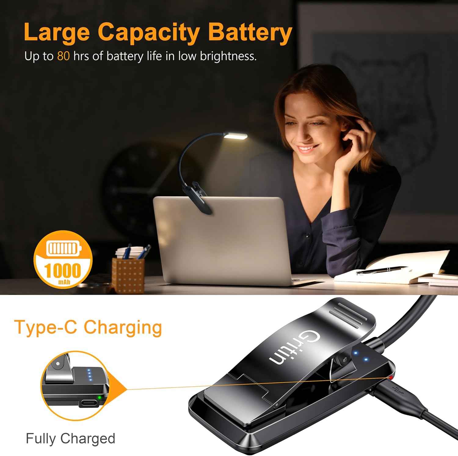 Gritin 9 LED Rechargeable Book Light for Reading in Bed - Focused Study Lamp for Dorm Room Desk, Stepless Dimming USB Clip on Light for Night Time Studying