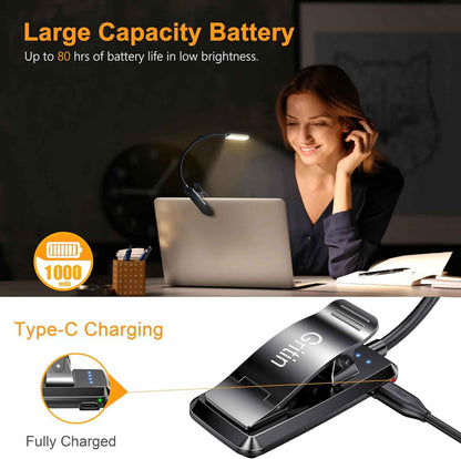 Gritin 9 LED Rechargeable Book Light for Reading in Bed - Focused Study Lamp for Dorm Room Desk, Stepless Dimming USB Clip on Light for Night Time Studying
