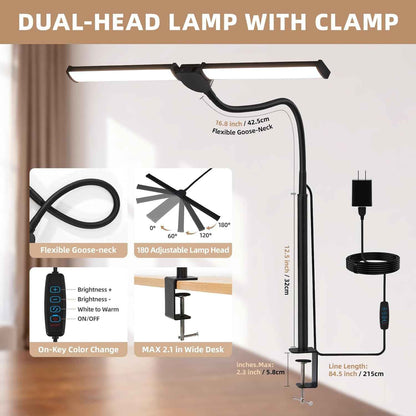 Minimalist LED Desk Lamp Black – Dual Head Clip-On Monitor Light with Clean Lines for Clutter Free Workstations