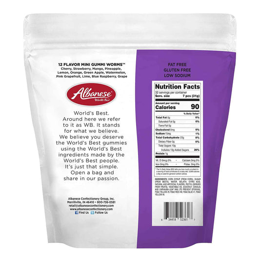 Albanese Mini Gummi Worms – Road Trip and Travel Snack for Families, 12 Flavor 36oz Resealable Bag