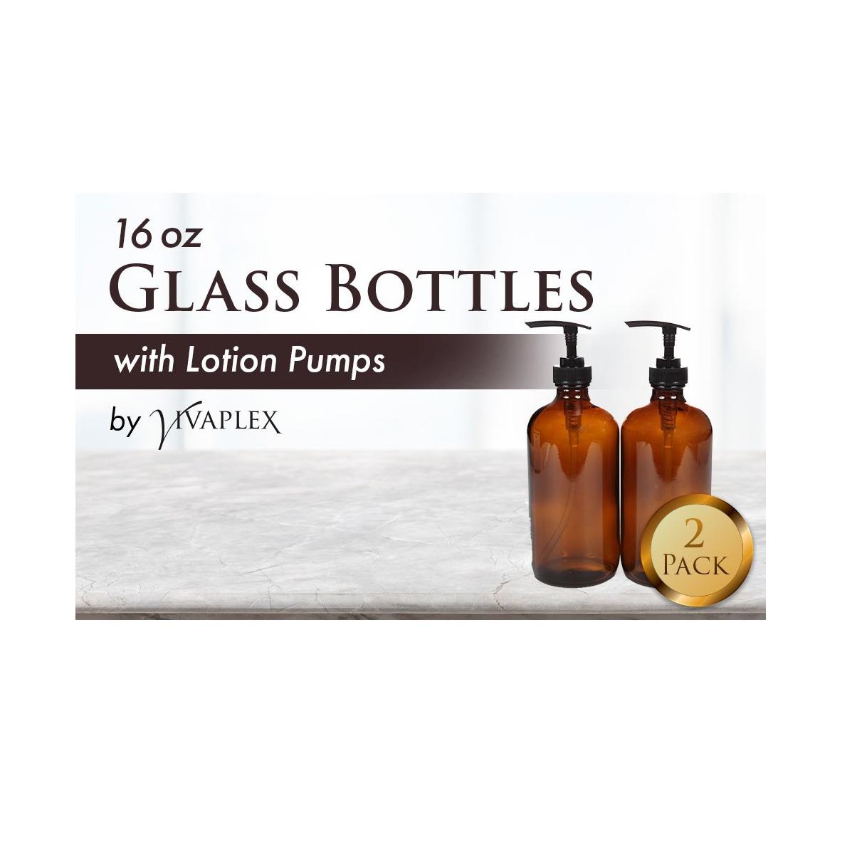 Vivaplex,_2,_Large,_16_oz,_Empty,_Amber_Glass_Bottles_with_Black_Lotion_Pumps