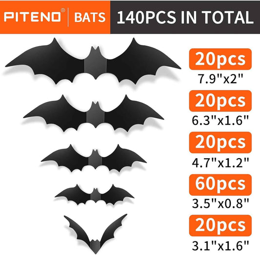 Piteno® Kids Halloween Craft Bats 140 Pack, Safe PVC 3D Folding Bat Stickers for Children Bedroom and Classroom Party Activity