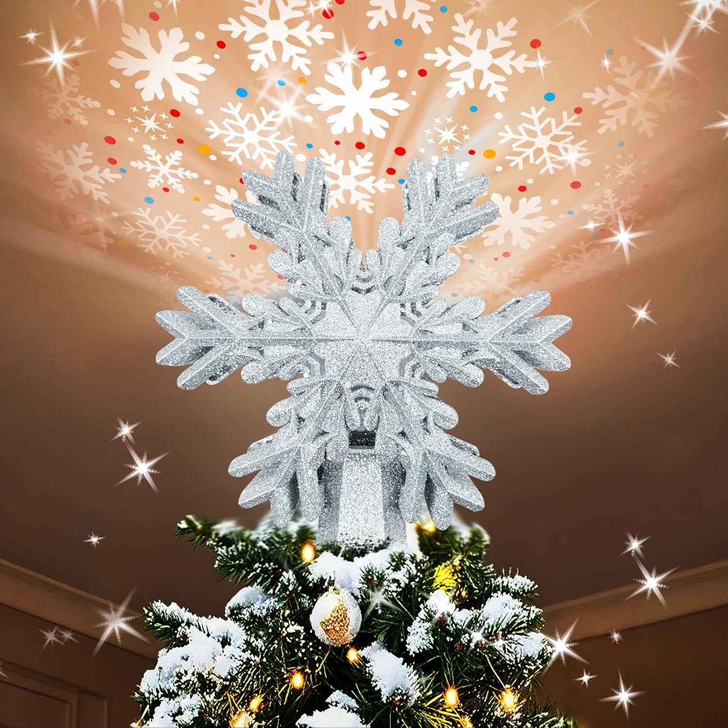 Aurora Glow Rotating LED Tree Top – Living Room & Foyer Christmas Decoration with Sparkle Finish