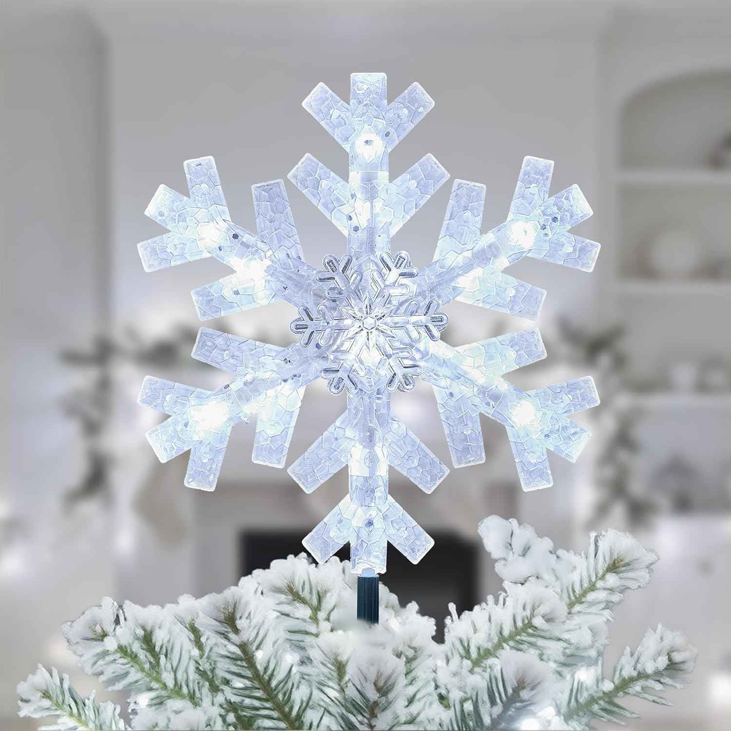 Brightown Snowflake Tree Topper with Lights – UL-Certified Flameless Holiday Decor, Cool White Bulbs with Backup Fuse for Indoor Safety