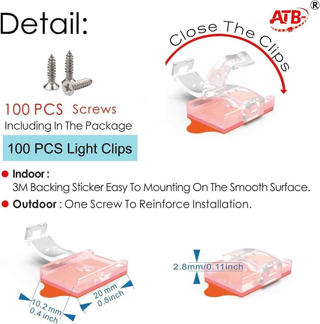 ATB Invisible LED Strip Mounting Clips for Clean Edge Room Corners, 10mm Clear Self-Locking Brackets, 100 Pack Minimalist Setup
