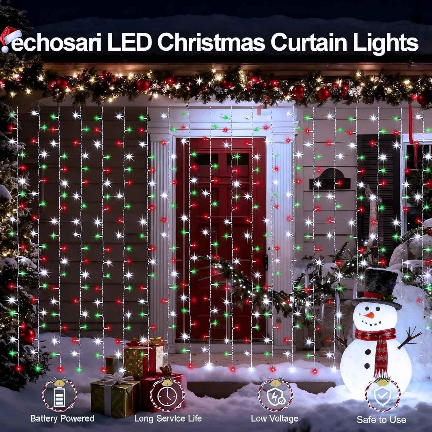 Echosari 300 LED Outdoor Curtain Lights – Weatherproof Holiday Lighting for Porch, Yard and Pergola, Timer Included