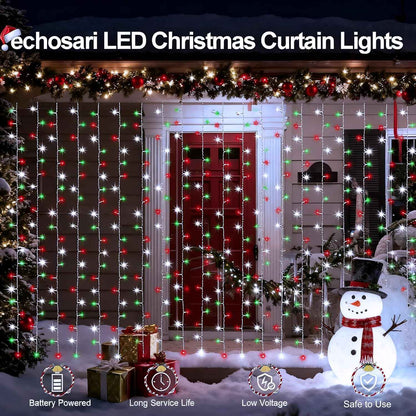 Echosari 300 LED Outdoor Curtain Lights – Weatherproof Holiday Lighting for Porch, Yard and Pergola, Timer Included
