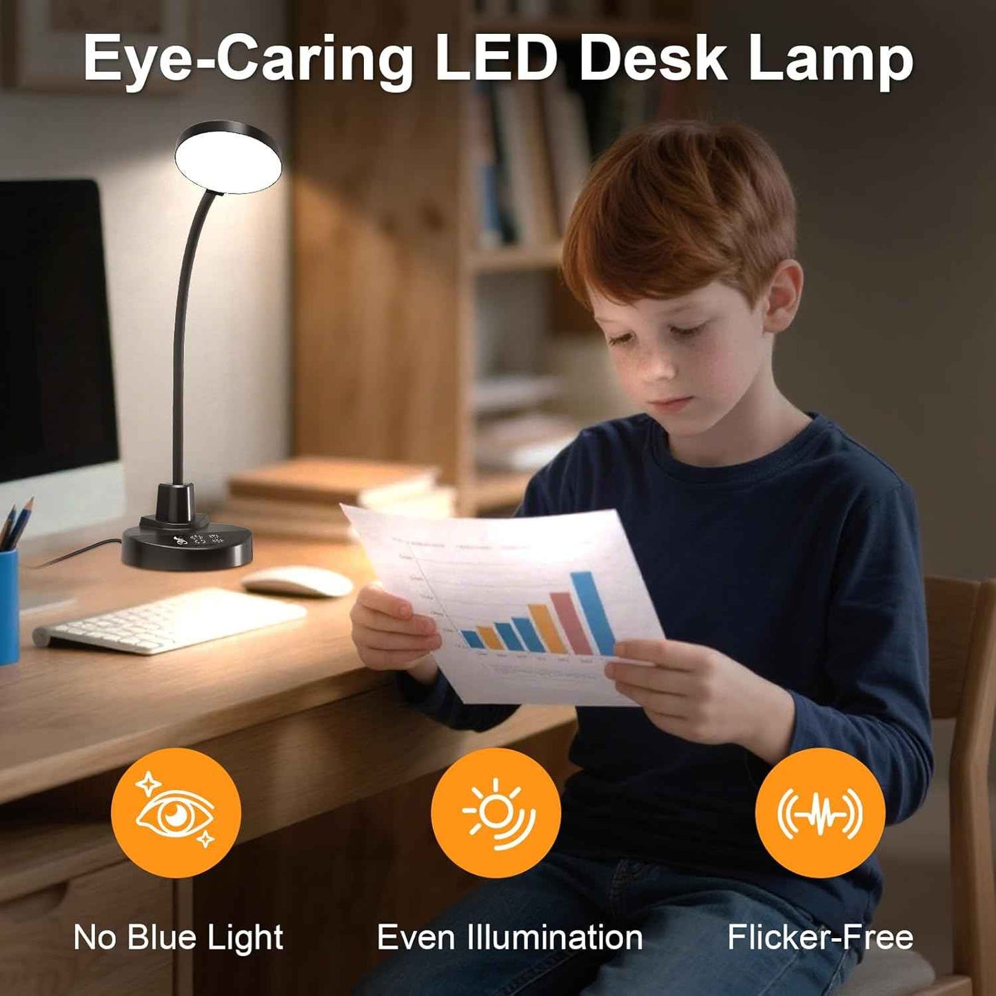 LUMINOAK SafeBeam LED Desk Lamp – Child-Friendly Study Light with Cool-Touch Base and Auto Shutoff for Kids' Rooms