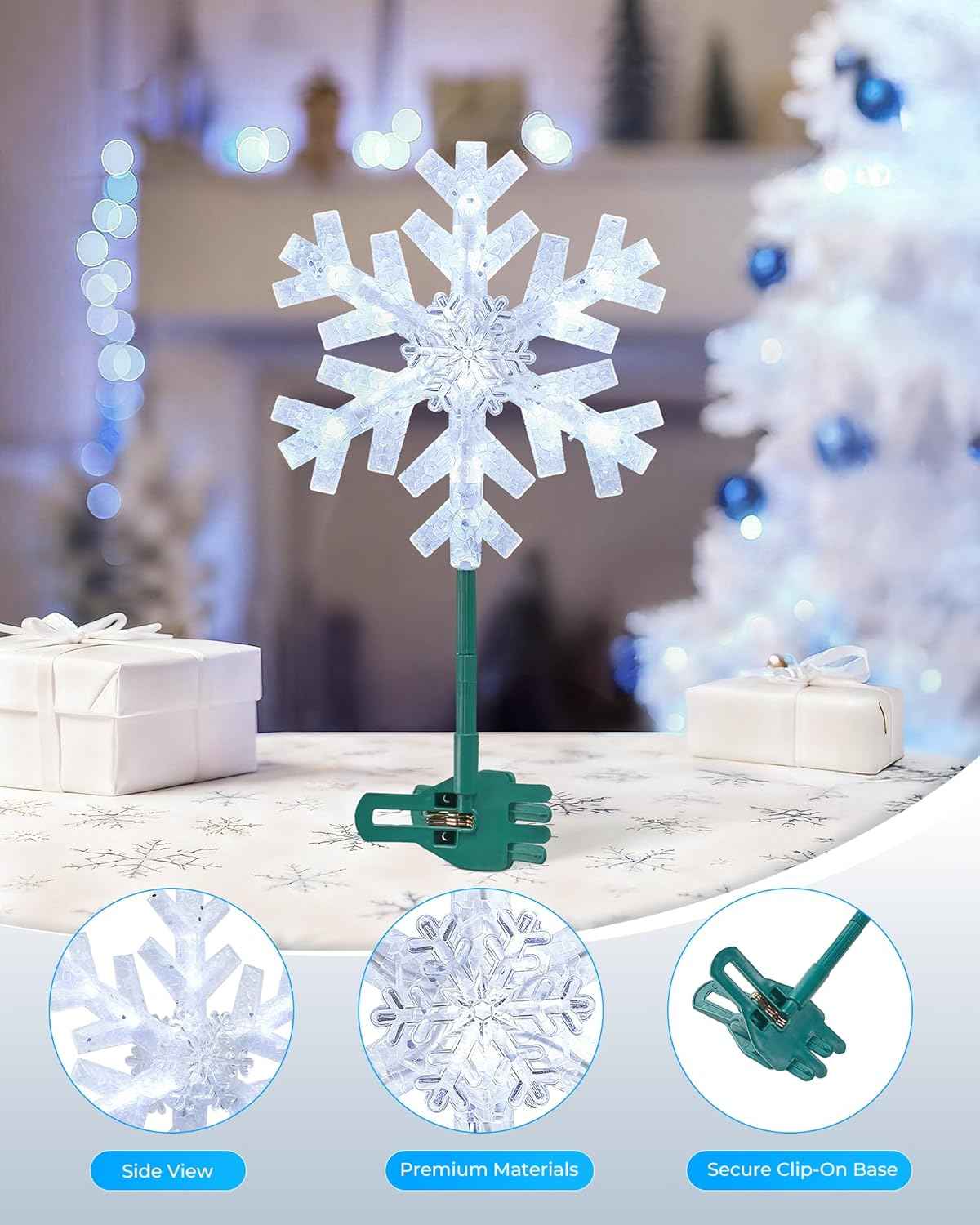 Brightown Snowflake Tree Topper with Lights – UL-Certified Flameless Holiday Decor, Cool White Bulbs with Backup Fuse for Indoor Safety