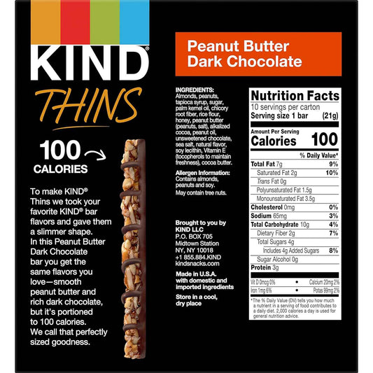 KIND THINS Peanut Butter Dark Chocolate Bars – Desk Drawer Snack to Beat the 3pm Slump, 100 Calorie Gluten Free 10 Count