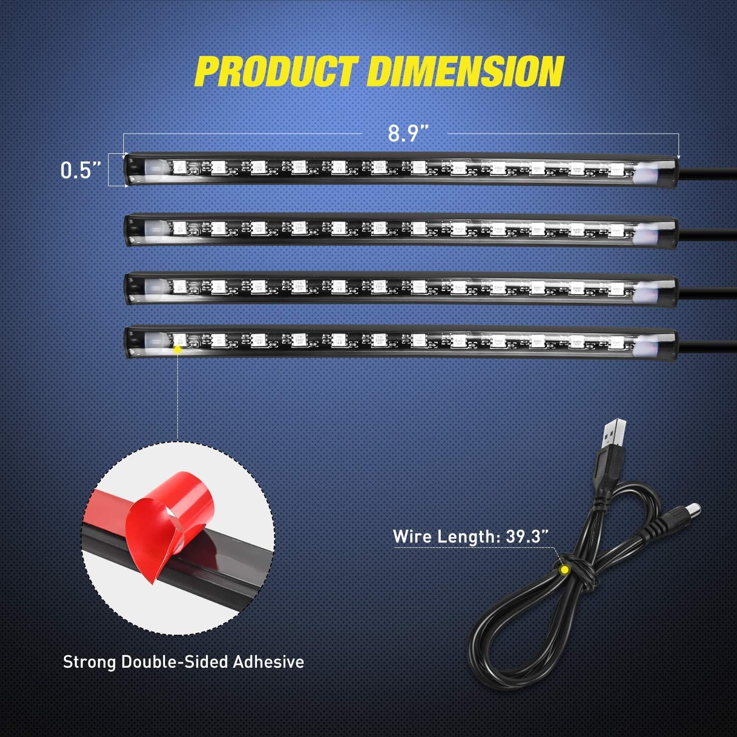 4 smd5050 led strips totaling 48 leds (12 per strip) for full under-dash coverage
