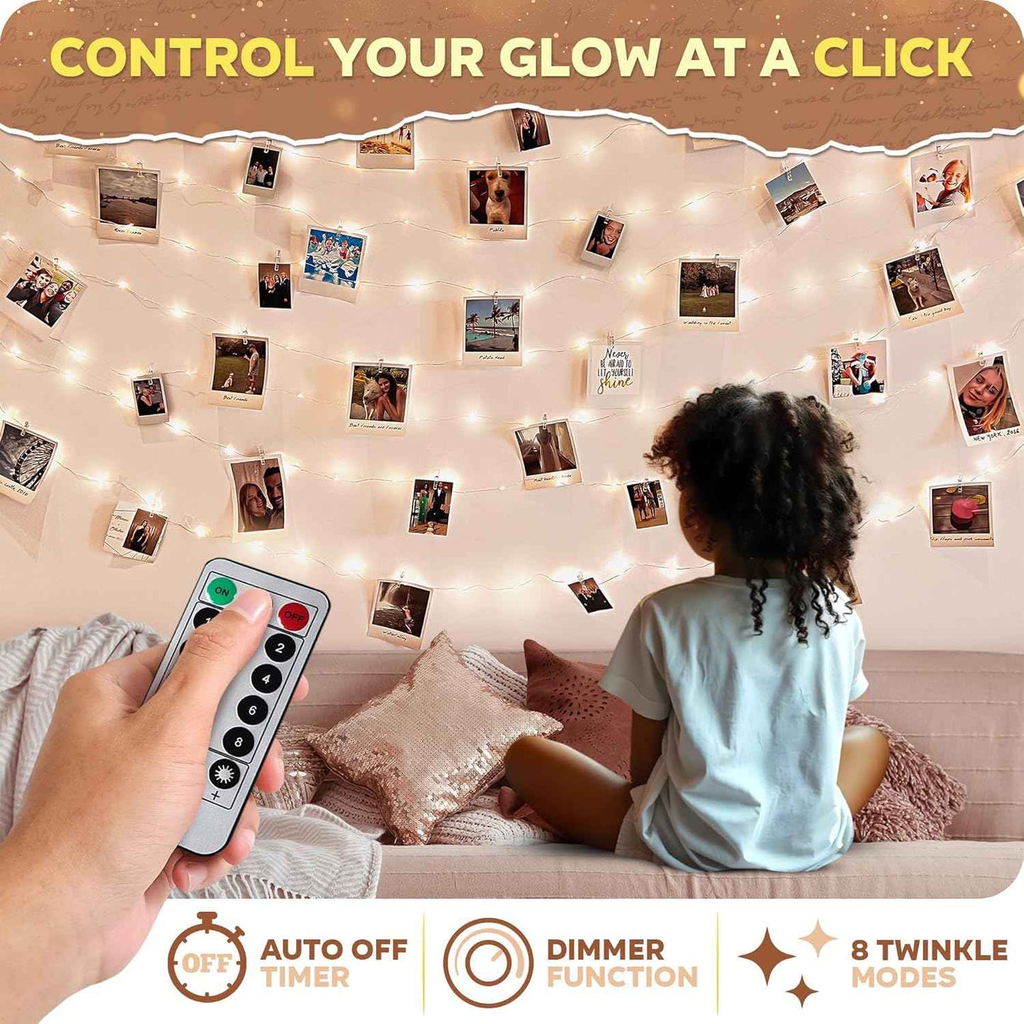 Mind-Glowing Photo Clips String Light - Bedroom Wall Decor with Warm 3000K Glow, 50 LED Picture Display String for Cozy Aesthetic