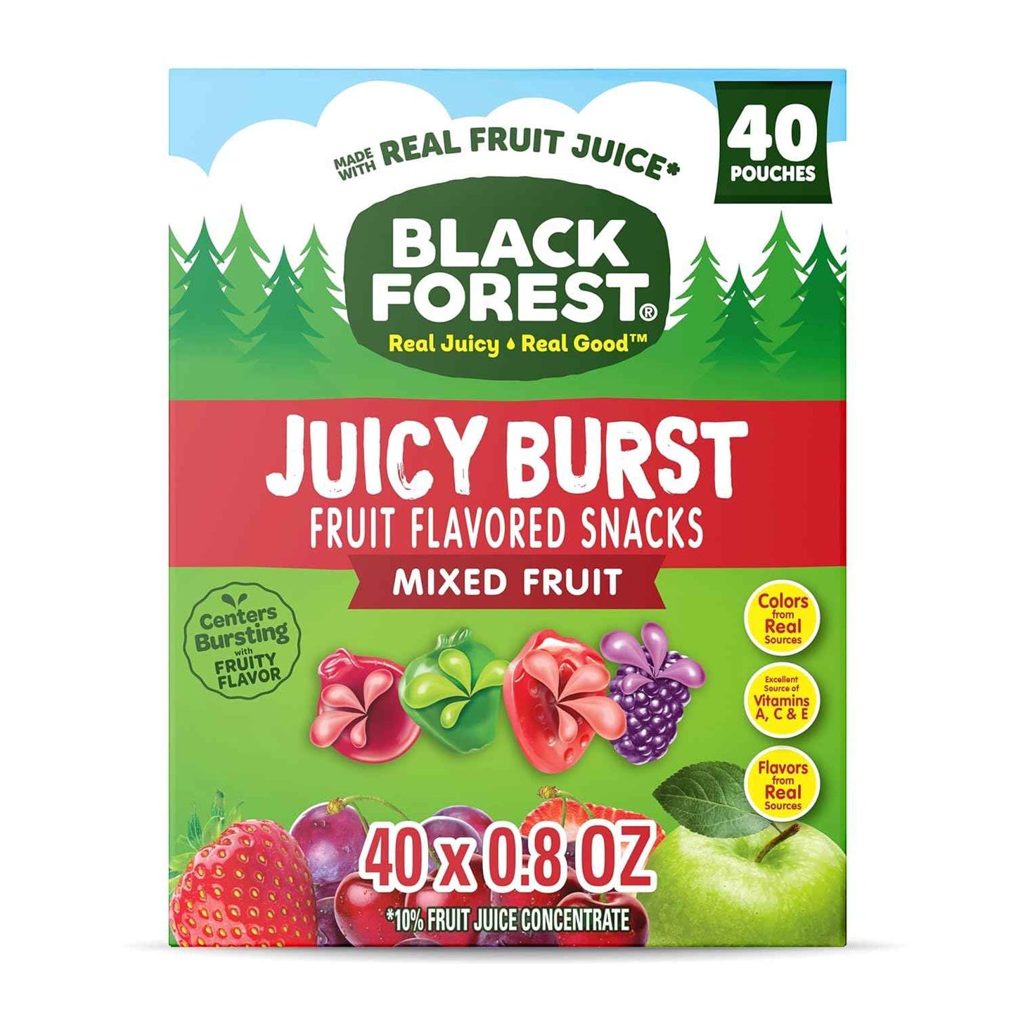 Black Forest Juicy Burst Gummy Snacks for School Lunches – Real Fruit Juice Pouches, Allergy-Friendly Treat, 40 ct