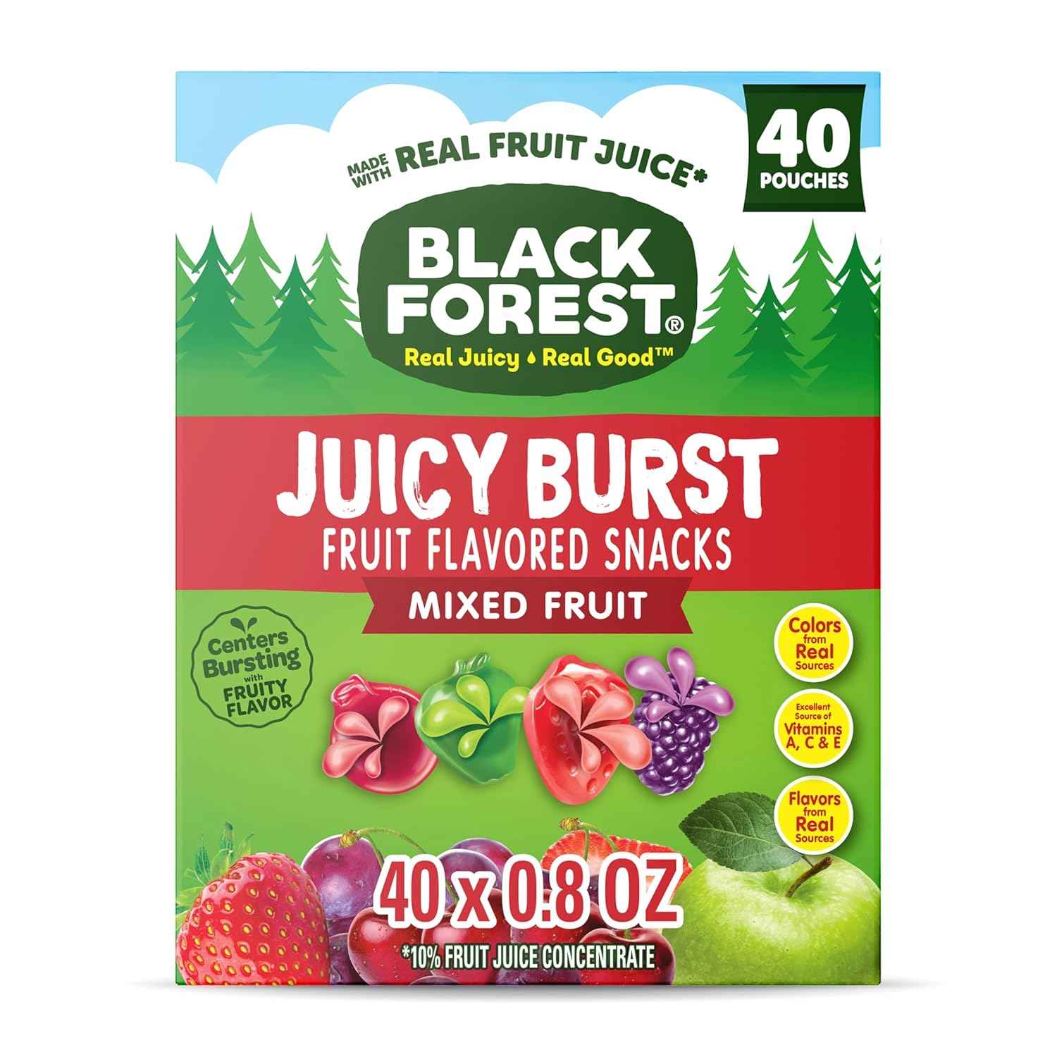 Black Forest Juicy Burst Gummy Snacks for School Lunches – Real Fruit Juice Pouches, Allergy-Friendly Treat, 40 ct