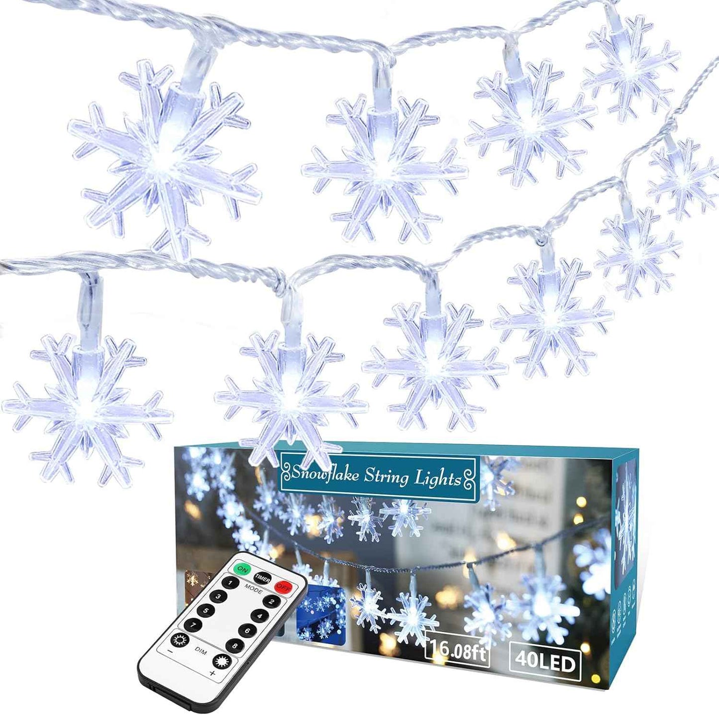 BrizLabs Snowflake LED String Lights – Minimalist Home Decor, Clean Cool White Battery Operated 16ft Lights