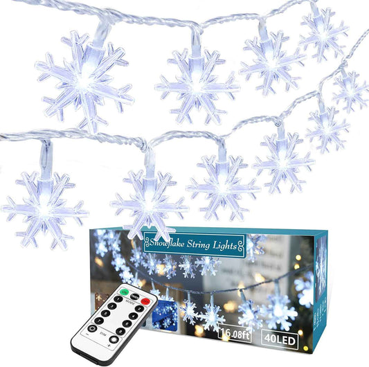 BrizLabs Snowflake LED String Lights – Minimalist Home Decor, Clean Cool White Battery Operated 16ft Lights