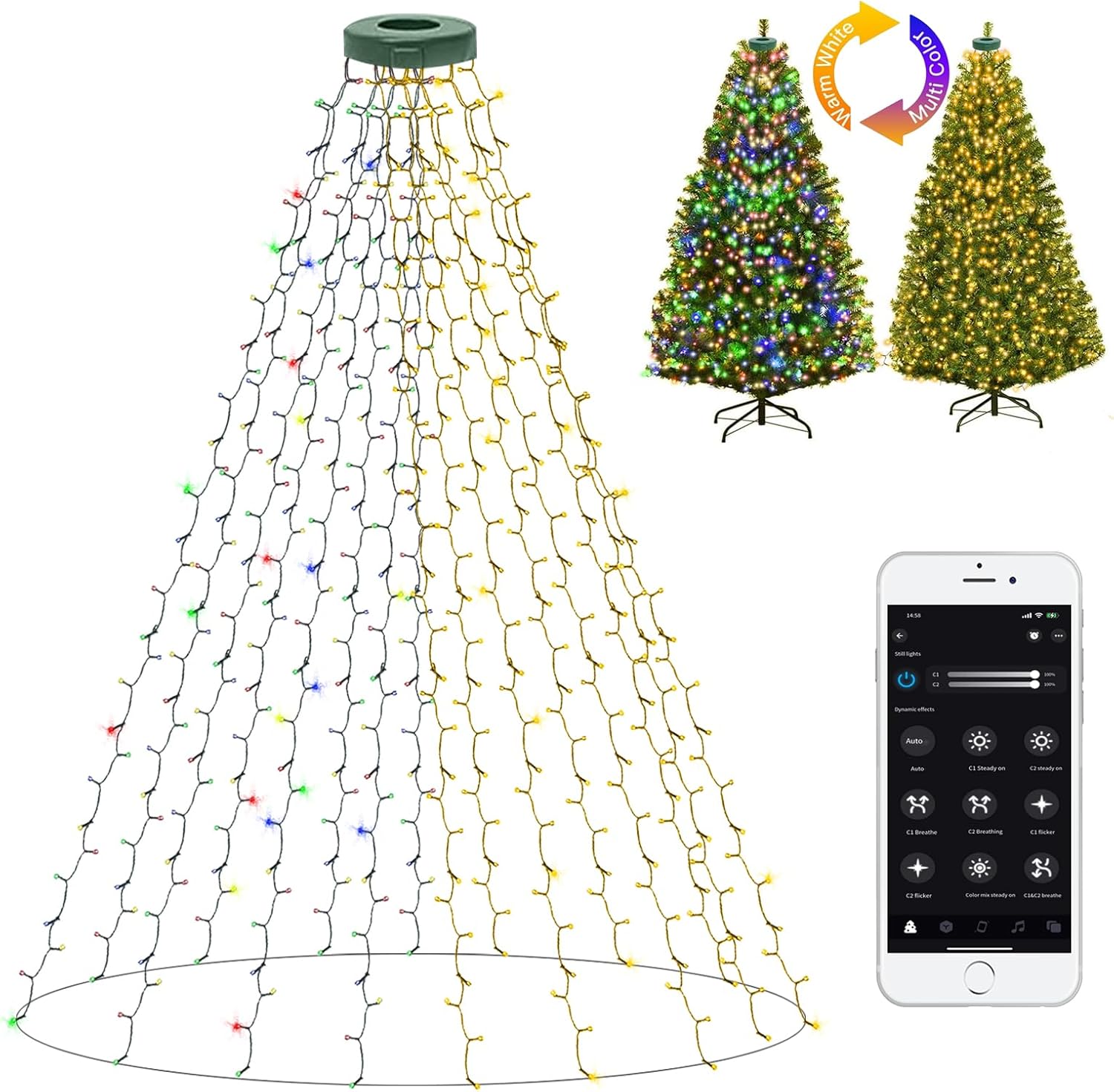 400 led halo configuration across 6.56ft with 16 drops, designed for 6-7ft trees