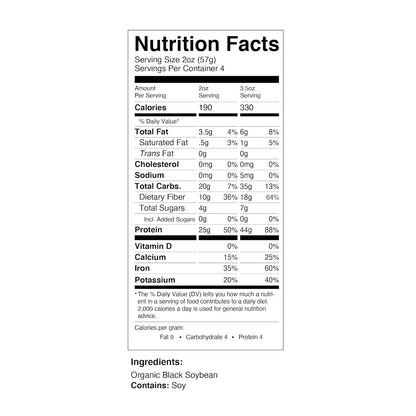 40g complete plant-based protein and 19g fiber per 3.5 oz serving