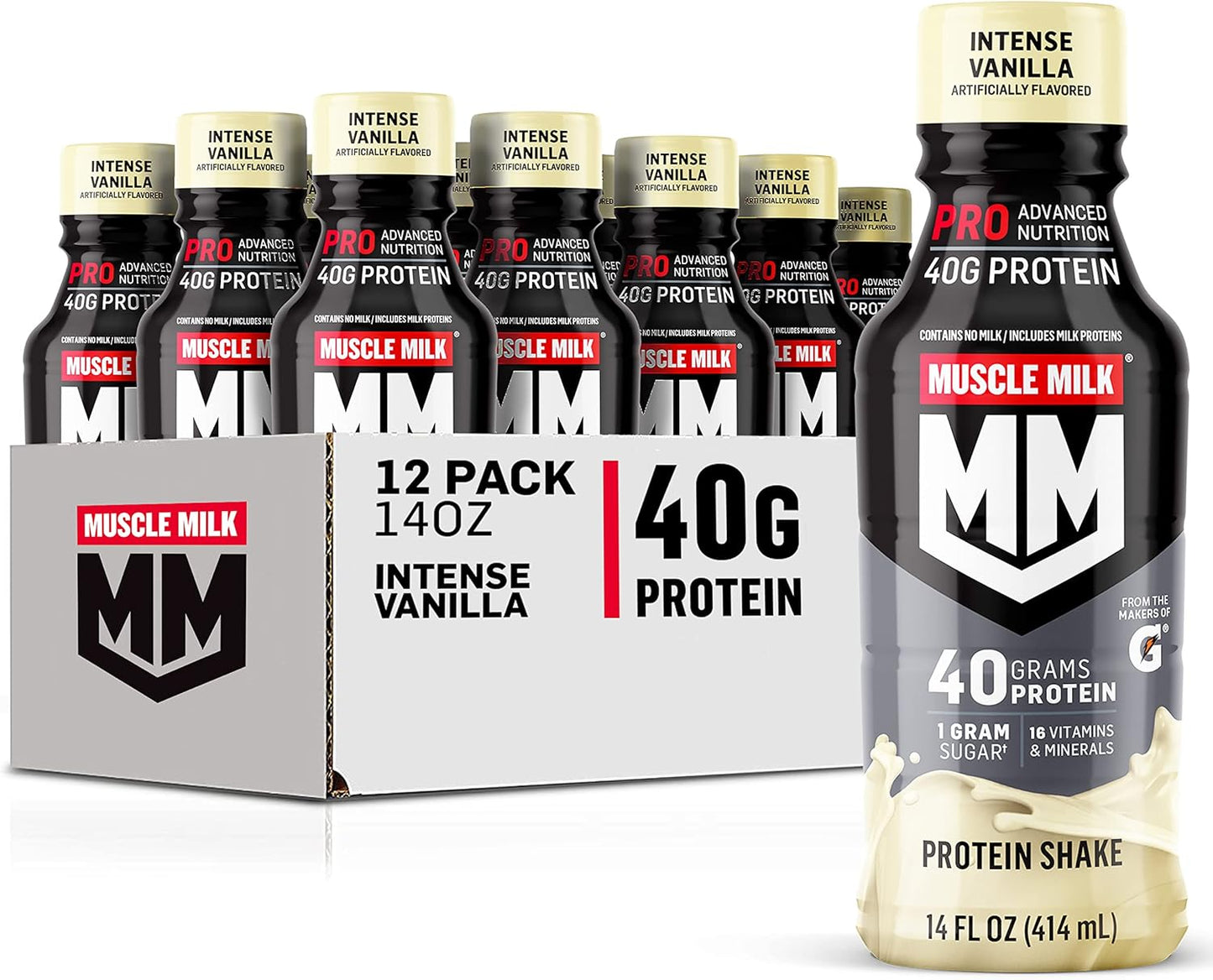 40g protein per 14 fl oz serving from a multi-source protein blend