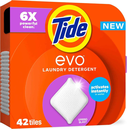 Tide evo Spring Blast Fiber Tiles Laundry Detergent for Clutter-Free Laundry Room Storage, Pre-Measured 42 Tiles
