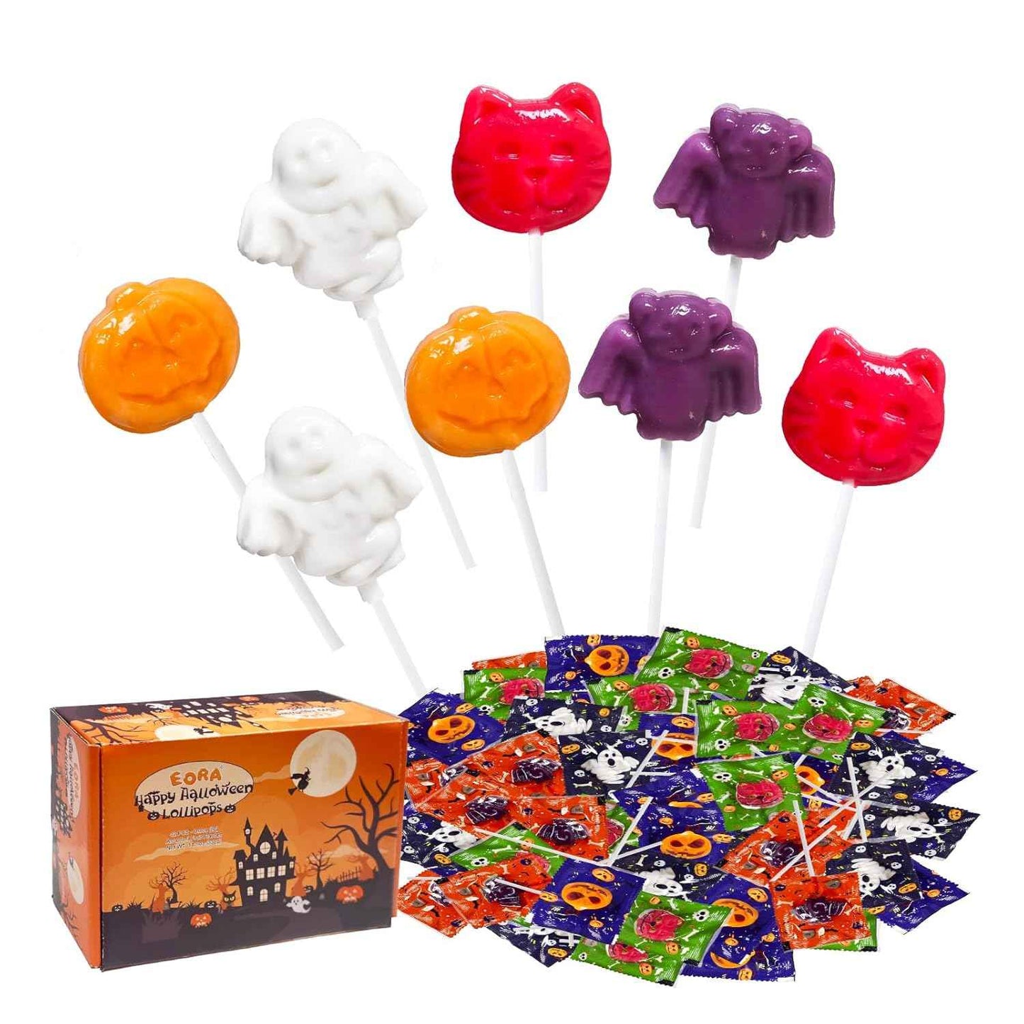 Halloween Suckers Lollipops for Kids Party Favor Bags, Assorted Pumpkin Ghost Bat Cat Shaped Suckers Individually Wrapped Treats, 32 Count Halloween Candy