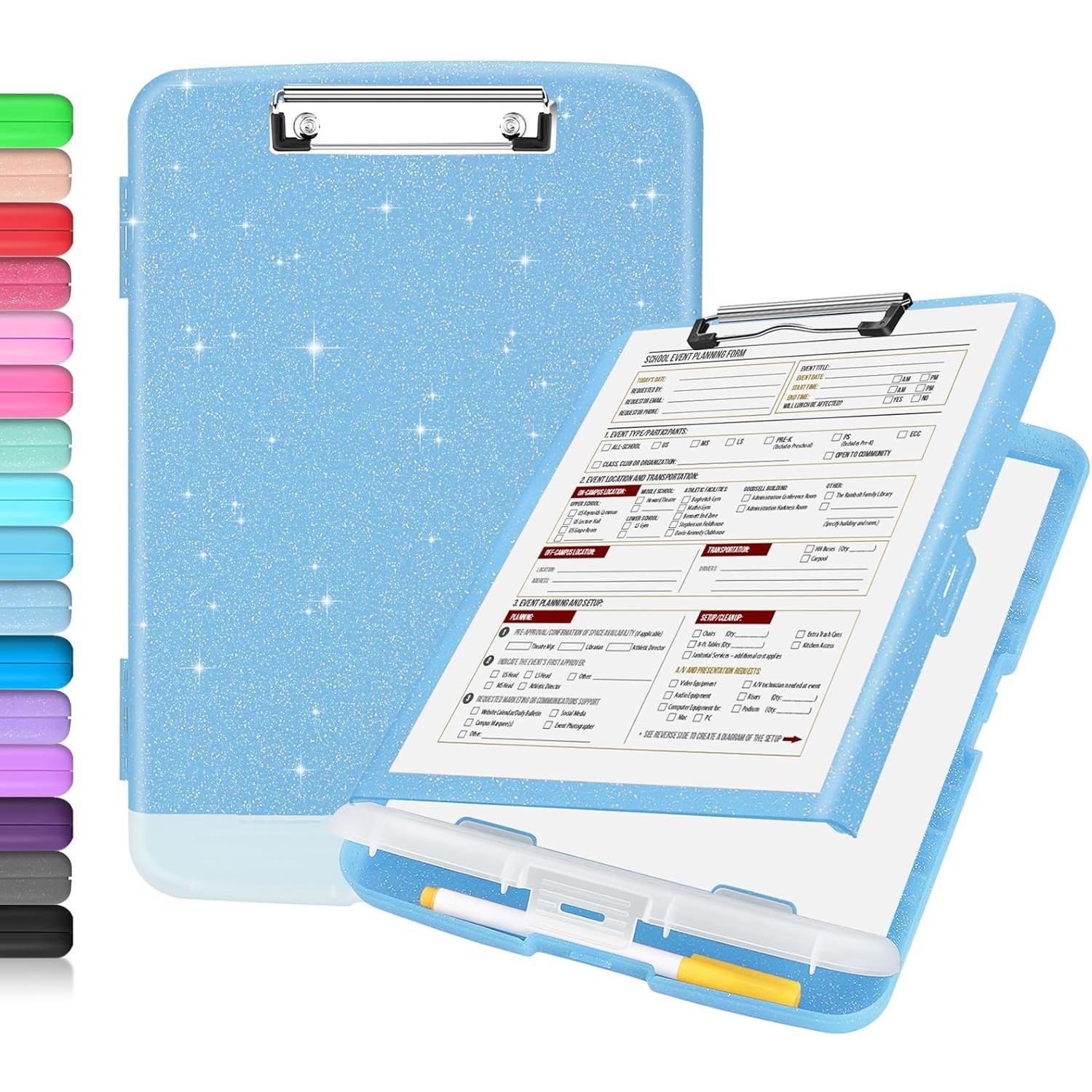 Sooez_Glitter_Clipboard_with_Storage,_High_Capacity_Storage_Clipboard_with_Pen_Holder,_Cute_Clip_Boards_8.5x11_with_Low_Profile_Clip,_Sparkle_Plastic_Clipboard_Case_Box_for_Women,_Side_Opening
