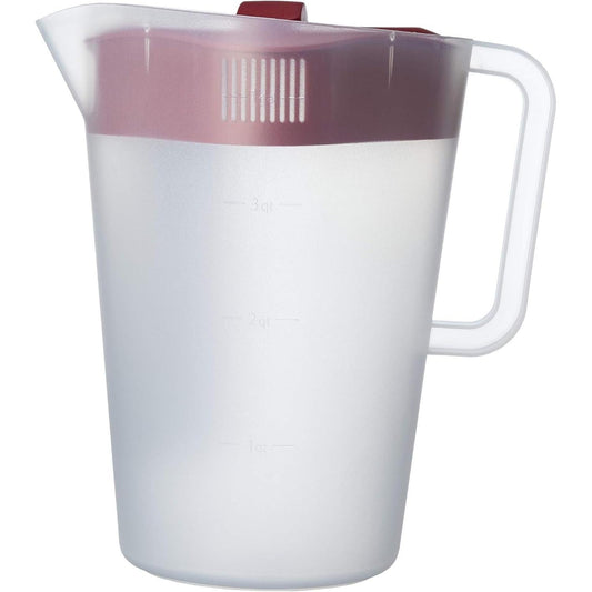 Goodcook_10658_1_Gallon_Plastic_Straining_Pitcher_with_Square_Lid,_3_Strainers,_Close_No-Spill_Design,_Dishwasher_Safe,_Clear_&_Red_-_Drinkware,_Jugs