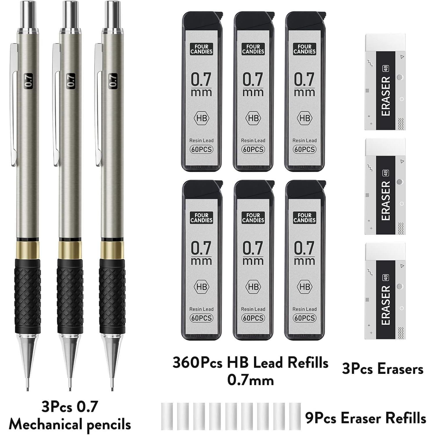 Metal_Mechanical_Pencil_Set_-_3PCS_0.7mm_Art_Mechanical_Pencils_&_360PCS_HB_Lead_Refills_&_3PCS_Erasers_&_9PCS_Eraser_Refills,_Drawing_Mechanical_Pencils_for_Writing,_Sketching-With_Case