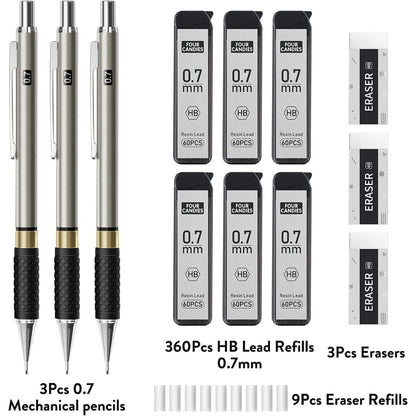 Metal_Mechanical_Pencil_Set_-_3PCS_0.7mm_Art_Mechanical_Pencils_&_360PCS_HB_Lead_Refills_&_3PCS_Erasers_&_9PCS_Eraser_Refills,_Drawing_Mechanical_Pencils_for_Writing,_Sketching-With_Case