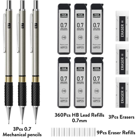 Metal_Mechanical_Pencil_Set_-_3PCS_0.7mm_Art_Mechanical_Pencils_&_360PCS_HB_Lead_Refills_&_3PCS_Erasers_&_9PCS_Eraser_Refills,_Drawing_Mechanical_Pencils_for_Writing,_Sketching-With_Case